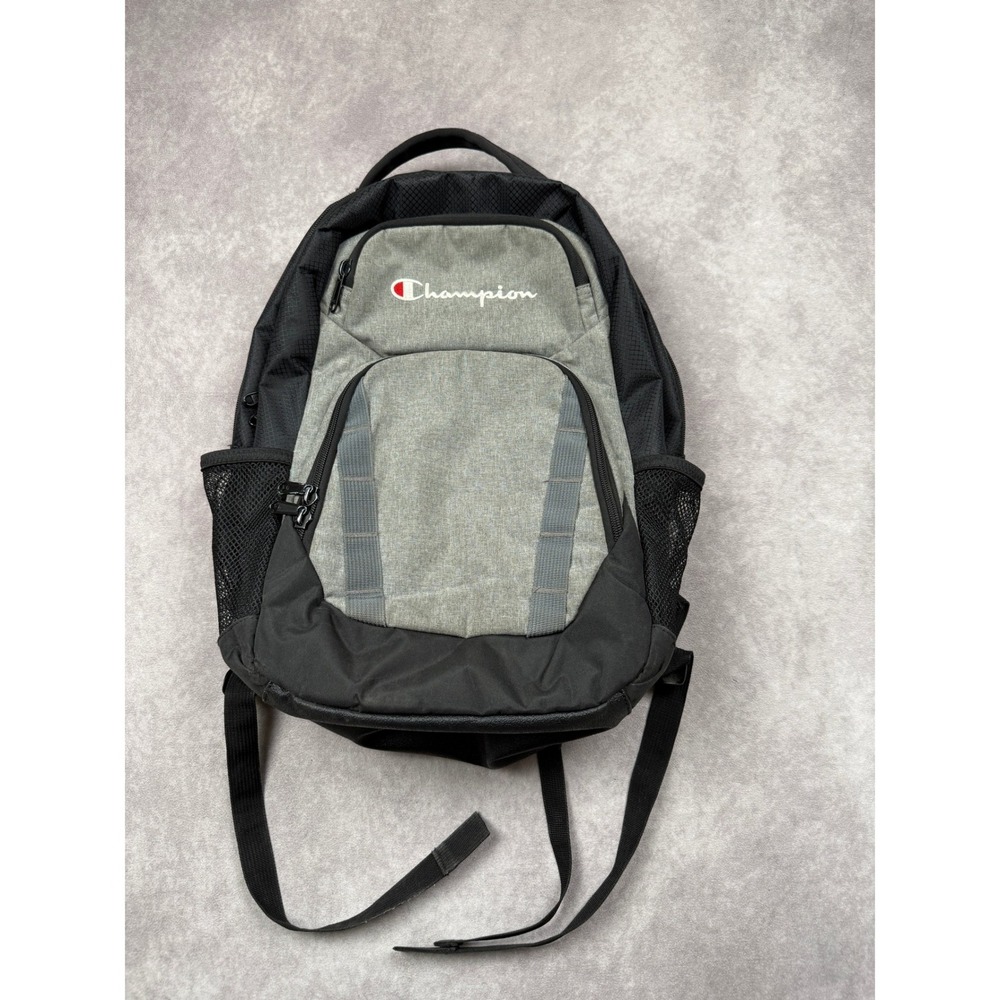Champion Backpack Black‎ Grey Mesh Pockets School Work Travel Bag Gym Outdoor